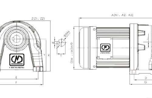 Bản vẽ kỹ thuật dùng để lắp đặt cho Motor Giảm Tốc Chengming 0.4Kw (1/2Hp) 1/20 (75v/p) Chân Đế
